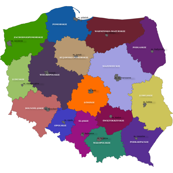 Mapa Polski z podziałem na województwa